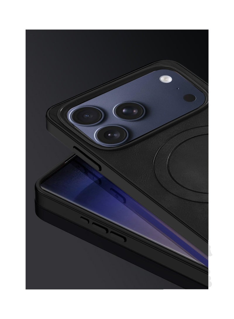 Wtech Apple iPhone 17 Pro Max 5G 2025 Luxury Matte Leather Magnetic MagSafe Wireless Charging Soft Case Cover (MCMPMN) - Black - Image 3